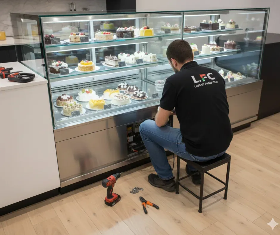 Intervention sur une vitrine réfrigérée de pâtisserie